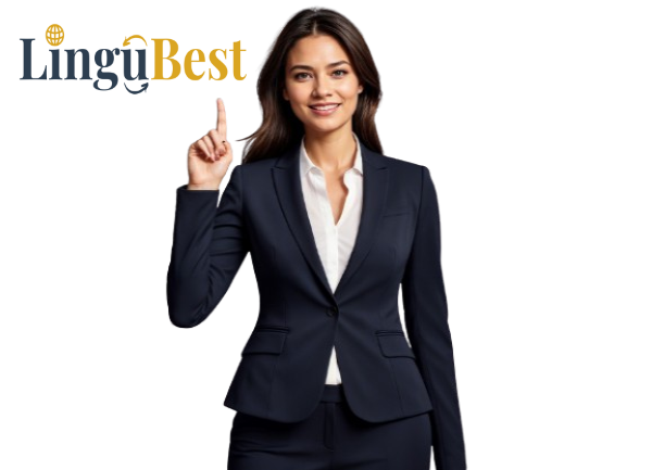 Professional woman in formal attire pointing up towards the LinguBest logo.