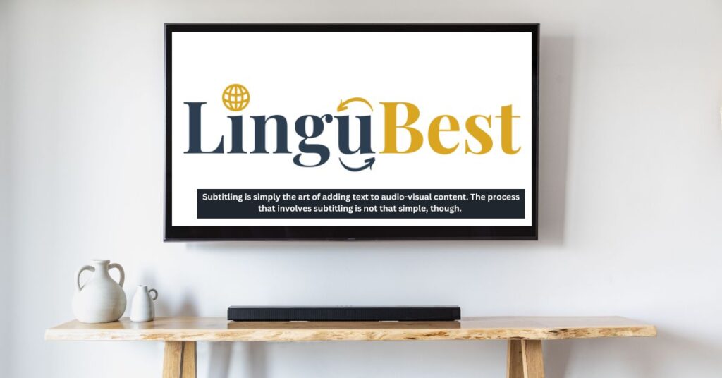 TV screen in a modern living room displaying LinguBest logo with subtitle text at the bottom.