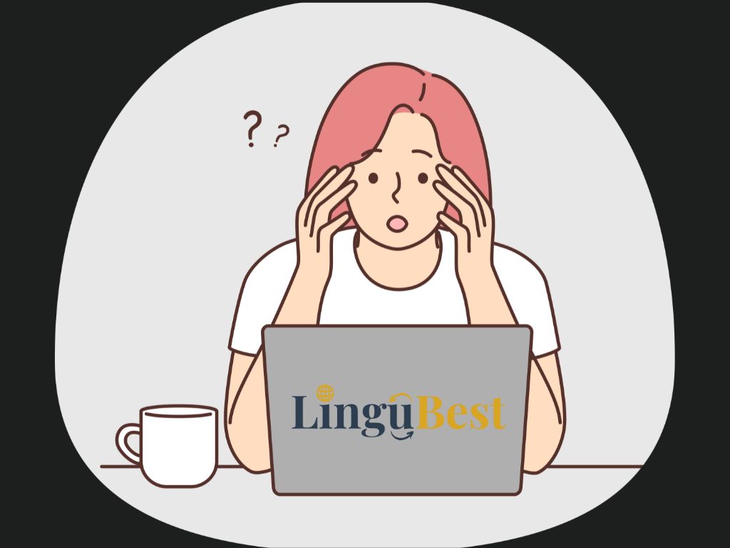 Confused woman looking at laptop with LinguBest logo, representing the challenge of finding the right freelance translator.